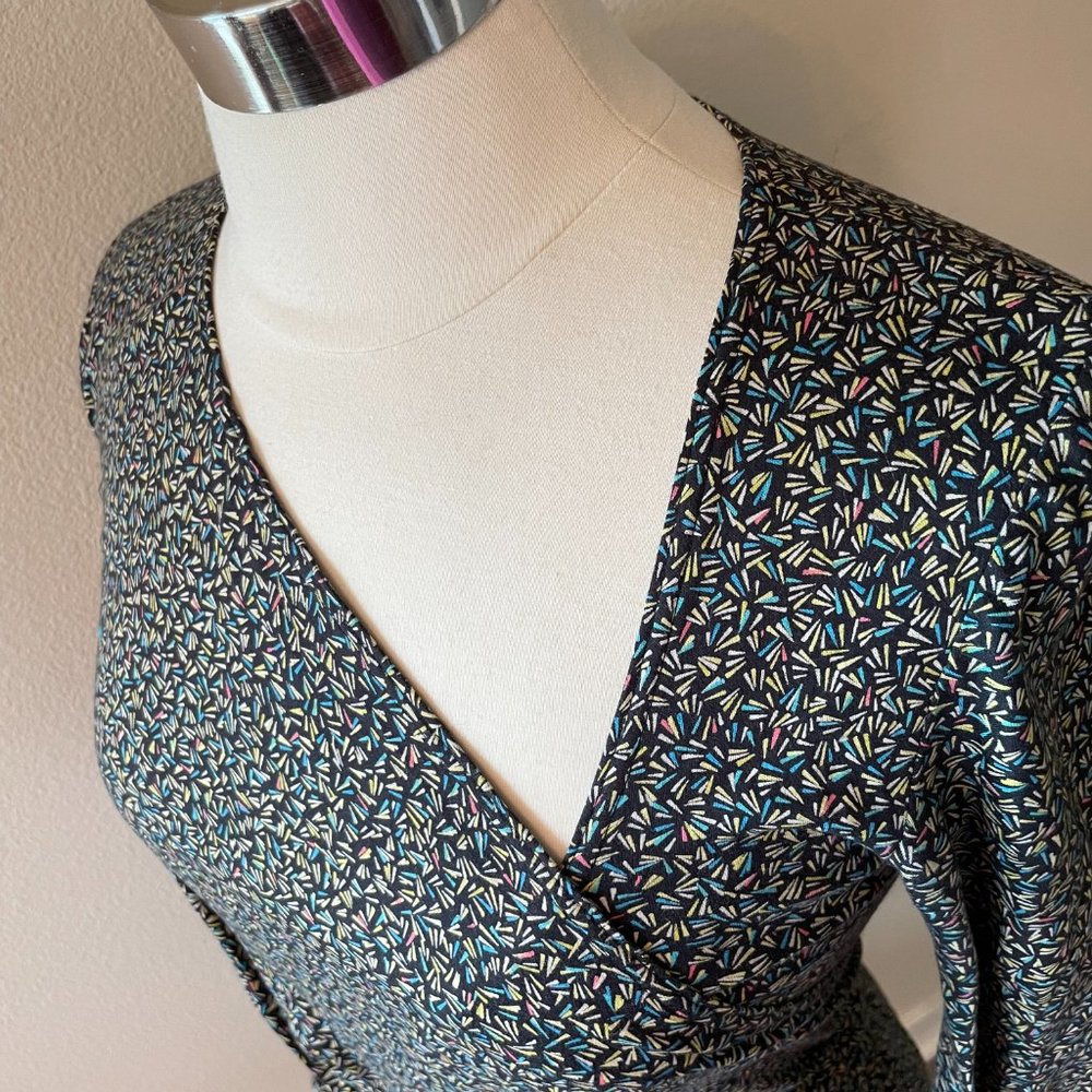 handmade black with small, colorful pattern, long knit stylish blouse size small
